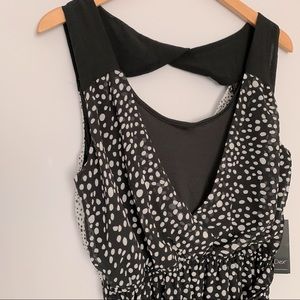 Polka Dot V-neck Sleeveless Short Sun Dress Tie Belt Cut Out in Black, White (M)